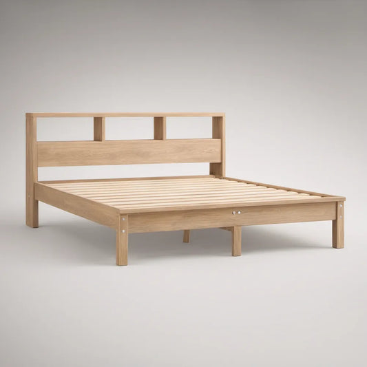 Cama de Casal em Pinho Maciço Natural 160 x 200 cm com Estrado de Ripas e Cabeceira Retangular