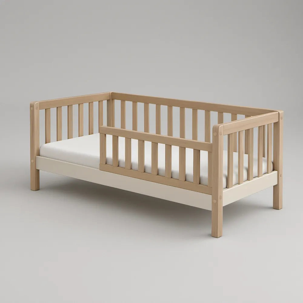Cama infantil em pinho maciço natural e branco com colchão, 140 x 70 cm