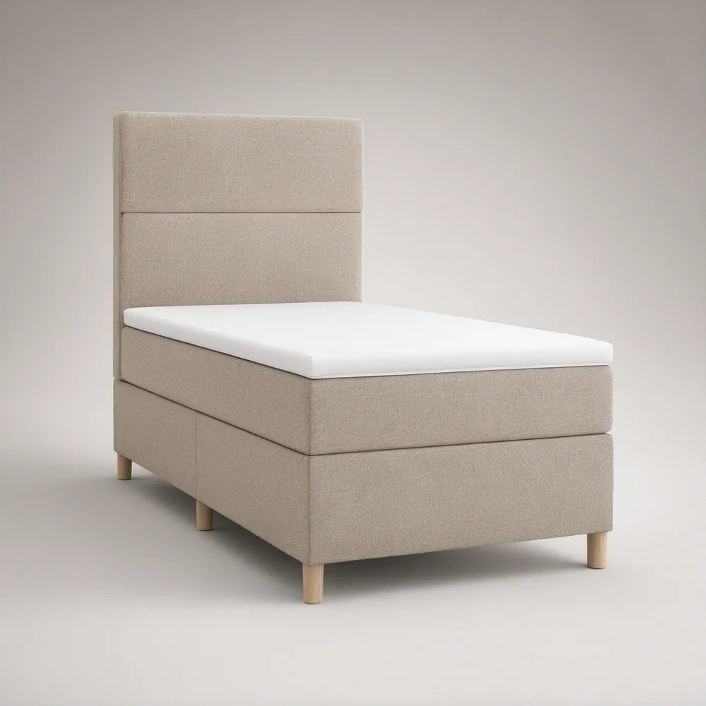Cama Individual Estofada Bege com Cabeceira Alta e Colchão Branco 90 x 200 cm