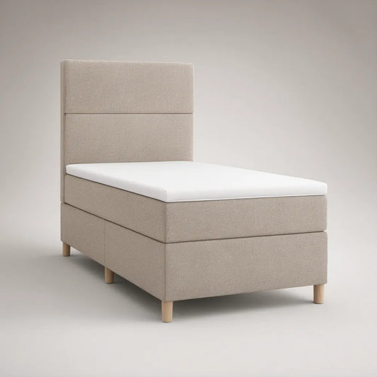 Cama Individual Estofada Bege com Cabeceira Alta e Colchão Branco 90 x 200 cm