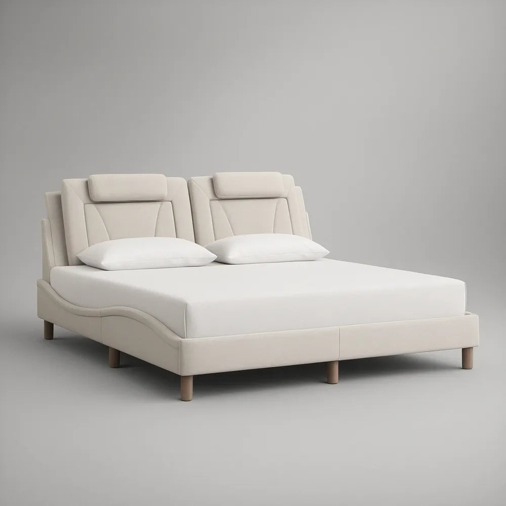 Cama de Casal Estofada Bege-Claro 180 x 200 cm com Cabeceira Dupla