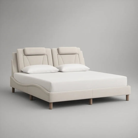 Cama de Casal Estofada Bege-Claro 180 x 200 cm com Cabeceira Dupla