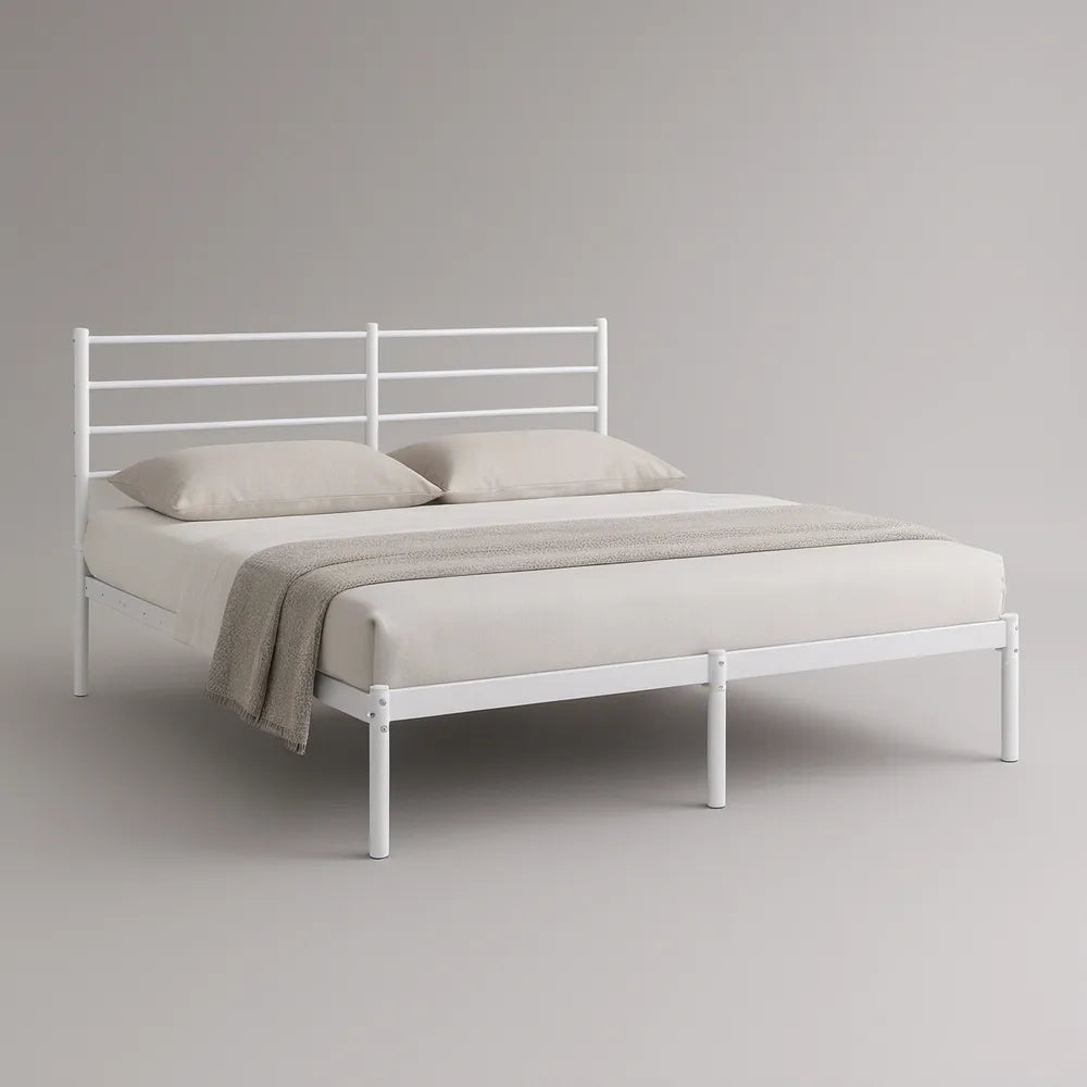 Cama de Casal em Aço Branco 140 x 190 cm com Estrado de Ripas