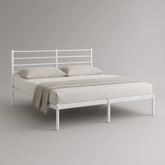 Cama de Casal em Aço Branco 140 x 190 cm com Estrado de Ripas