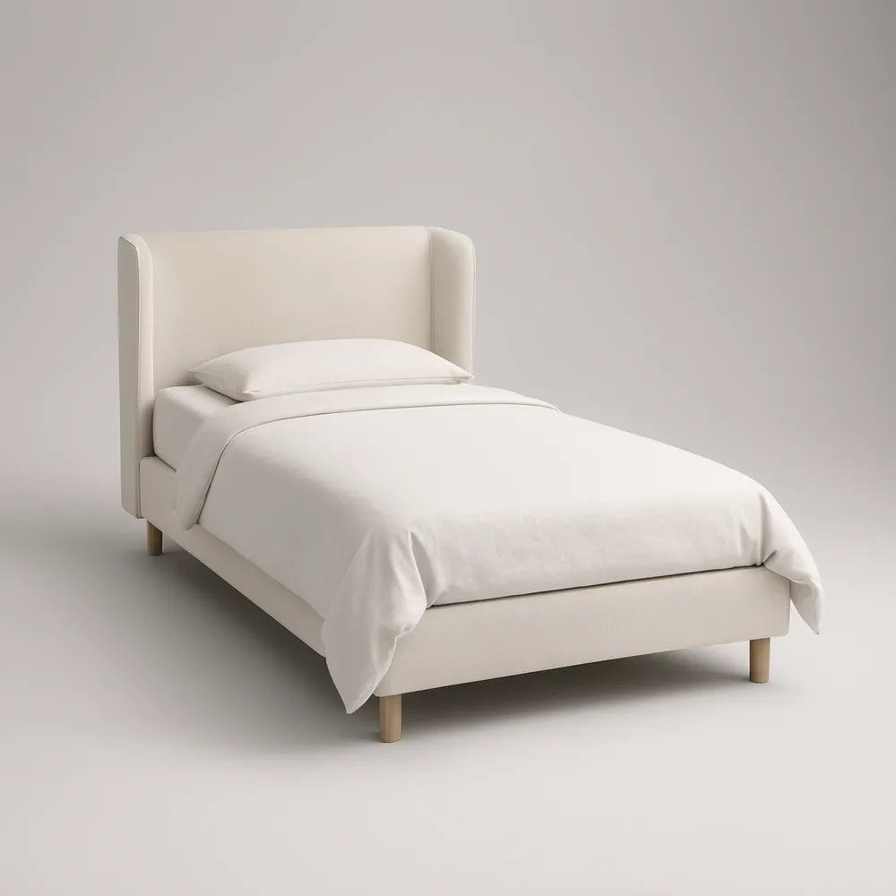 Cama individual estofada 90 x 200 cm com cabeceira alta em poliéster bege-claro