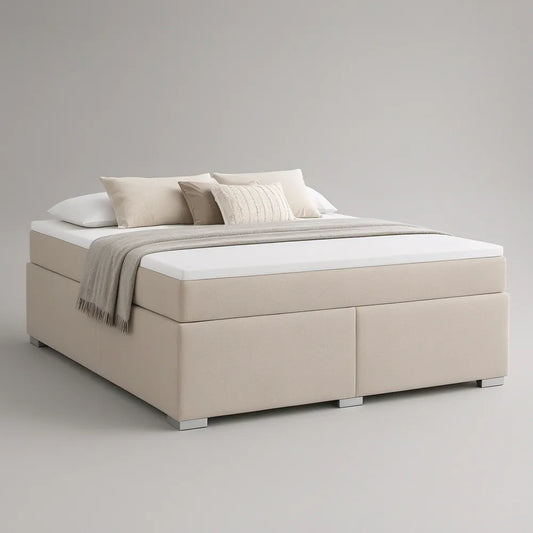 Cama Box Estofada em Poliéster Creme com Colchão Branco 160 x 200 cm