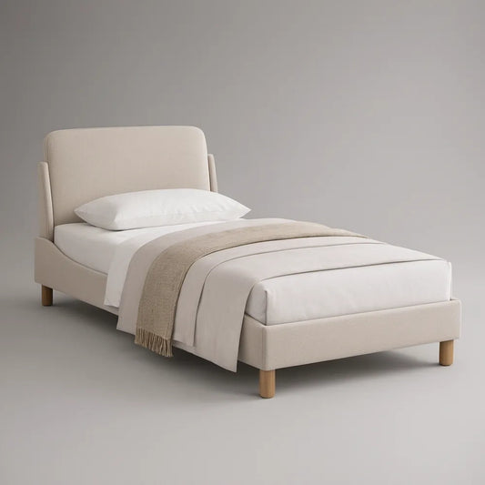 Cama Individual Estofada em Poliéster Bege com Pés em Madeira Maciça, 90 x 200 cm