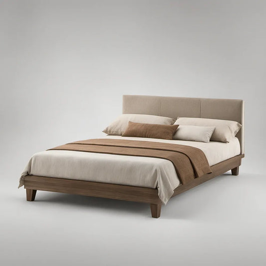 Cama de Casal 160 x 200 cm em Nogueira com Cabeceira Estofada Bege