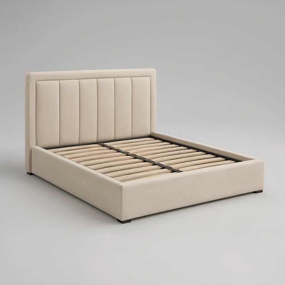 Cama Estofada Bege 160 x 200 cm com Cabeceira Acolchoada e Estrado de Ripas