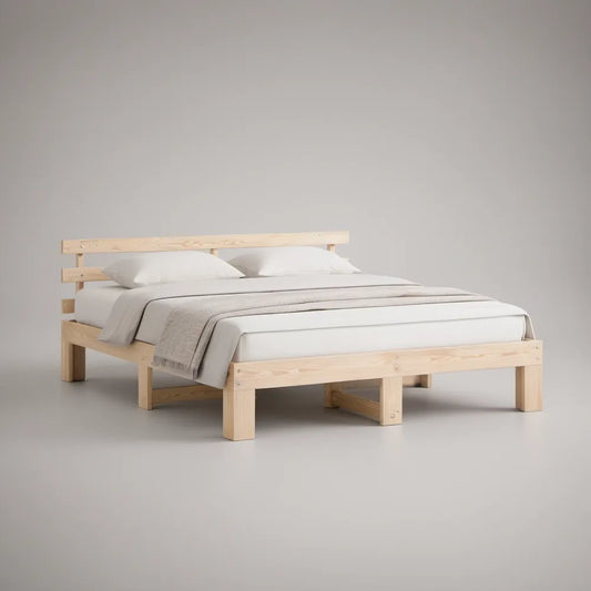 Estrutura de Cama de Casal em Madeira Maciça de Pinho Natural, 160 x 200 cm