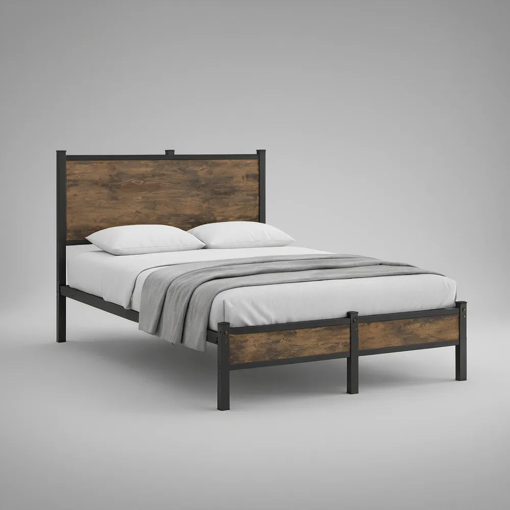 Cama de Casal 160 x 200 cm em Aço e MDF Castanho Rústico/Preto