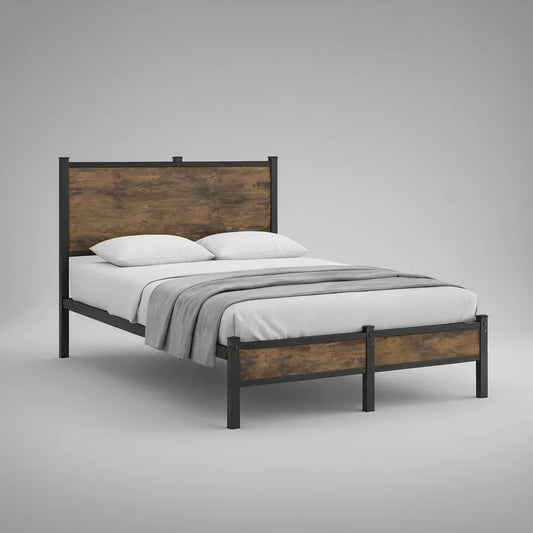 Cama de Casal 160 x 200 cm em Aço e MDF Castanho Rústico/Preto
