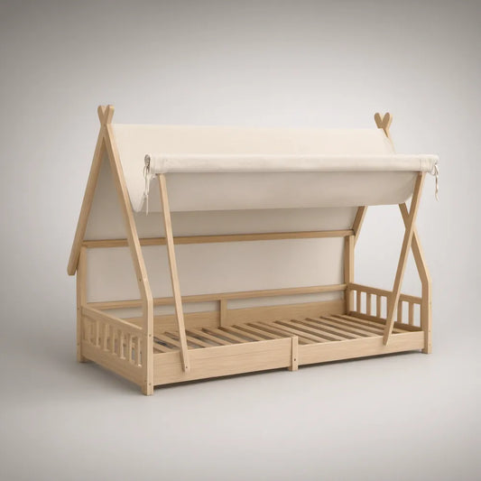 Cama Infantil em Forma de Cabana em Pinho Maciço Natural 140 x 70 cm com Cobertura em Algodão Cru