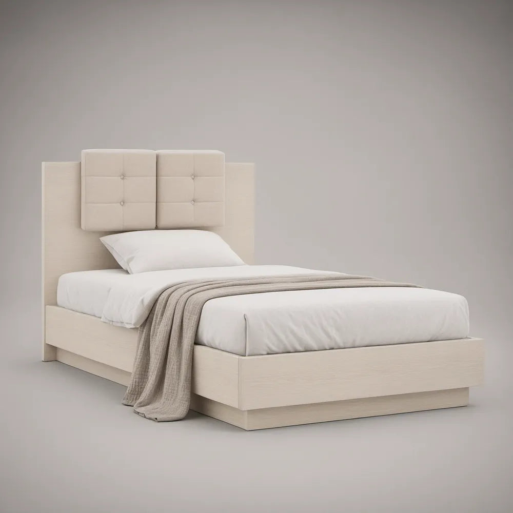 Cama Individual 90 x 200 cm com Cabeceira Estofada em Branco Marfim