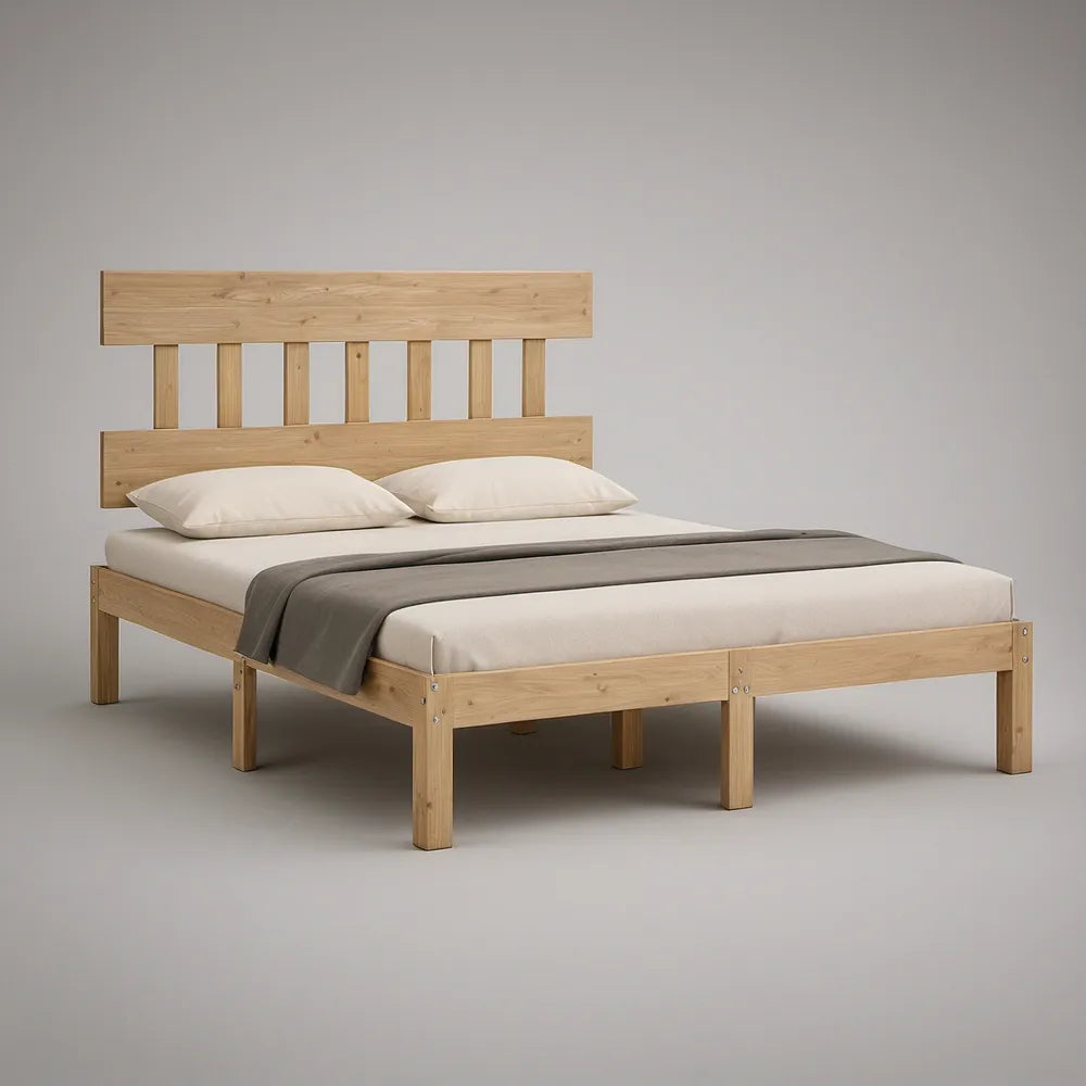 Cama de Casal em Madeira Maciça de Pinho Natural 160 x 200 cm com Cabeceira de Ripas
