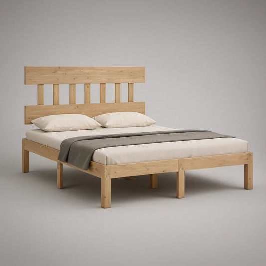 Cama de Casal em Madeira Maciça de Pinho Natural 160 x 200 cm com Cabeceira de Ripas