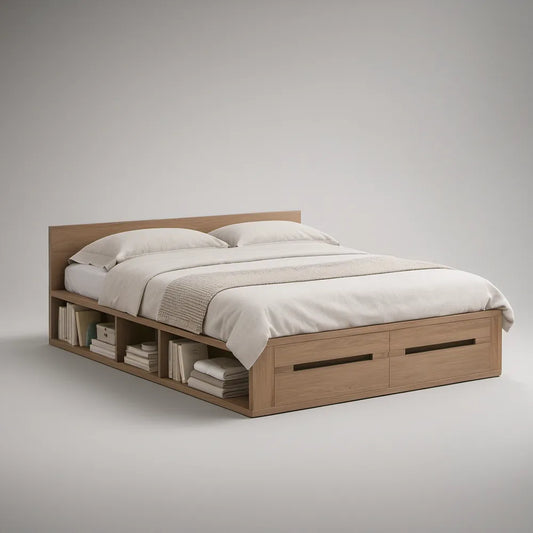 Cama de Casal 160 x 200 cm em MDF com Acabamento Carvalho Claro, Gavetas e Compartimentos de Arrumação
