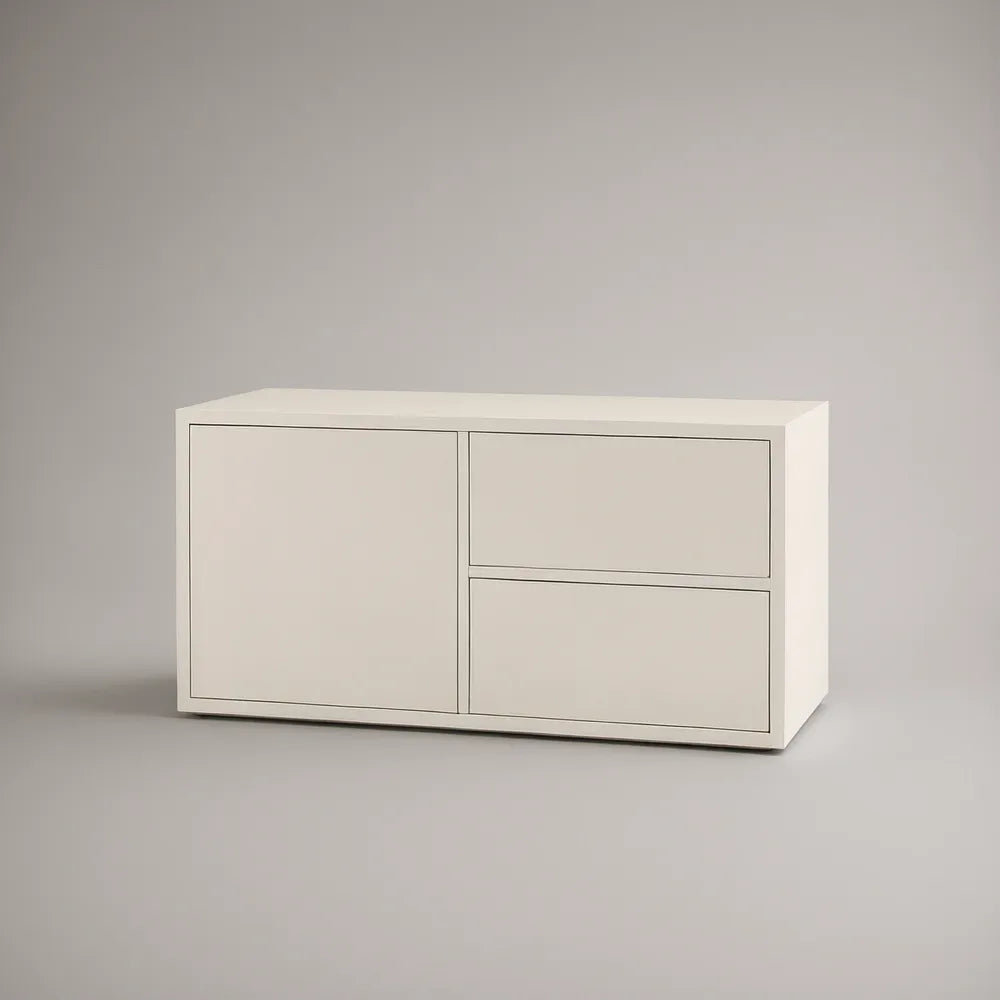 Móvel para TV em MDF lacado Branco com 2 gavetas e 1 porta, 120 x 40 x 65 cm
